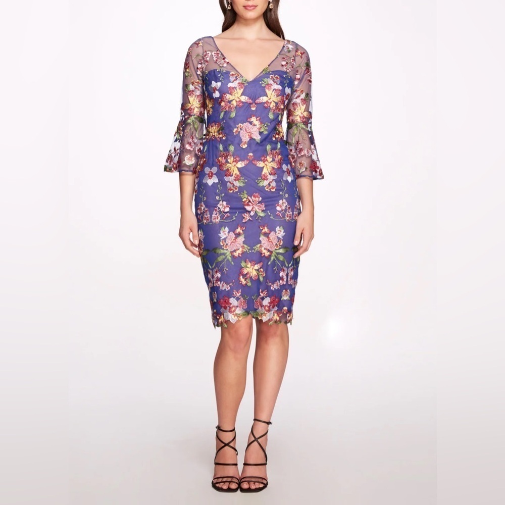 Marchesa Notte Embroidered Tulle Floral Cocktail Sheath Dress size 0